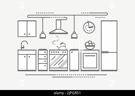 Design interno della cucina monocromatico. Illustrazione vettoriale di stile piatto. Template linea sottile minimo. Illustrazione Vettoriale