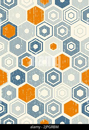 Modello esagonale caotico senza cuciture. Tessuto Hipster alla moda. Vettore moderno sfondo monocromatico. Disegno a stampa geometrica blu e arancione Illustrazione Vettoriale