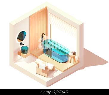 Bagno moderno Vector isometric. Bagno bianco con elementi in legno, vasca e lavabo in vetro trasparente, grande finestra, poltrona Illustrazione Vettoriale