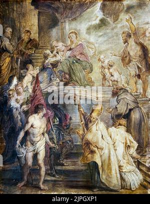 Pietro Paolo Rubens, il matrimonio mistico di Santa Caterina, (disegno a colori per l'altare della Chiesa dei Padri Agostiniani ad Anversa), dipinto in olio su legno di quercia, 1628 Foto Stock