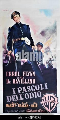 Poster italiano per ERROL FLYNN OLIVIA de HAVILLAND e RONALD REAGAN in SANTA FE TRAIL 1940 regista MICHAEL CURTIZ sceneggiatura originale Robert Buckner music Max Steiner Warner Bros. Foto Stock