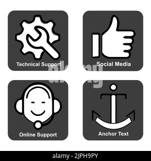 Set in scala di grigi di supporto tecnico, social media, supporto online e icone di testo di ancoraggio Illustrazione Vettoriale