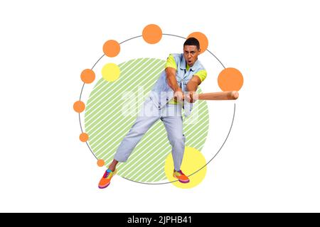 Grafica grafica creativa 3D foto pittura di serio sicuro ragazzo giocando baseball isolato disegno sfondo Foto Stock