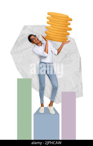 Grafica creativa astratta modello immagine di felice sorridente lady ragazzo crescente monete stack isolato disegno sfondo Foto Stock