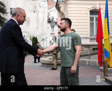 Lviv, Ucraina. 18th ago, 2022. Il presidente Tayyip Erdogan (L) scuote le mani con il presidente ucraino Volodymyr Zelensky (R) mentre si incontrano a Lviv, Ucraina, giovedì 18 agosto 2022. Il presidente della Turchia Recep Tayyip Erdogan e il capo delle Nazioni Unite Antonio Guterres si riunivano nella città occidentale di Leopoli. Foto del Presidente Turco Ufficio Stampa /UPI Credit: UPI/Alamy Live News Foto Stock