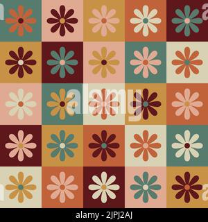 pattern senza giunture di 70 s. Fiore retro sfondo geometrico senza cuciture in stile anni settanta. Carta groovy scrapbook. Giallo, arancione, marrone, verde annata col Illustrazione Vettoriale