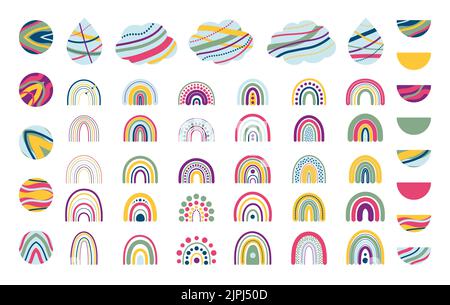 Set di arcobaleni colorati, nuvole, cerchi, semicerchio. Disegno d'arte per vivai per decorazione, stampa infantile per tessuti e pareti. Vettore disegnato a mano Illustrazione Vettoriale