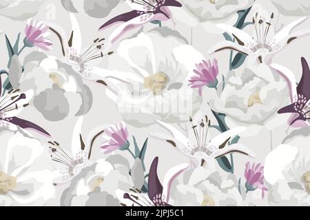 Motivo floreale senza cuciture vettoriale. Fiori bianchi e violetti su sfondo lattiginoso. Illustrazione Vettoriale