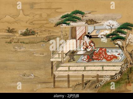 Murasaki Shikibu compose la storia di Genji. Di Yashima Gakute Murasaki Shikibu, romanziere, poeta e signora giapponese in attesa alla corte imperiale nel periodo Heian. Foto Stock