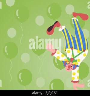 Clown in piedi capovolto da una mano e Balloon in presa con l'altra. Comico con occhiali e colorato Wig fare Divertimento. Uomo che celebra Illustrazione Vettoriale