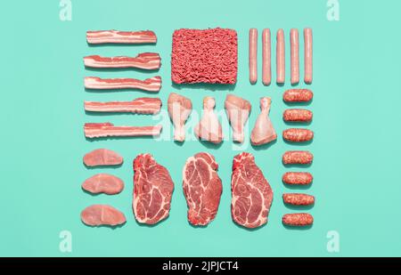 carne, assortimento, macellaio, knolling, carni, assortimenti, macellatrici Foto Stock