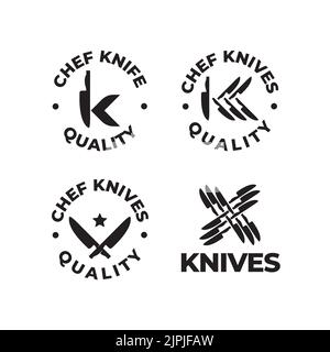 Un vettore di quattro diverse idee di logo nero per l'azienda di coltelli chef sullo sfondo bianco Illustrazione Vettoriale