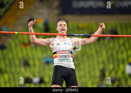 Monaco, Germania. 18th ago, 2022. Il belga Thomas Carmoy festeggia in occasione delle finali dell'evento maschile High Jump, che si terrà nell'otto giorni dei Campionati europei di Atletica, a Monaco di Baviera 2022, in Germania, giovedì 18 agosto 2022. La seconda edizione dei Campionati europei si svolge dal 11 al 22 agosto e prevede nove sport. FOTO DI BELGA ERIC LALMAND Credit: Belga News Agency/Alamy Live News Foto Stock