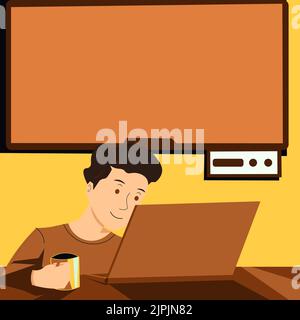 Man Holding Cup, guardando su Lap Top e presentando importanti notizie in TV dietro. Ragazzo che ha Mug in mano, fissando il computer e mostrando Cruial Illustrazione Vettoriale