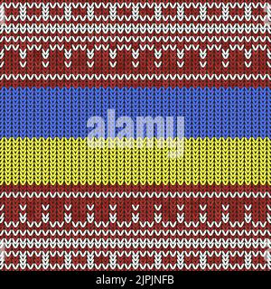 Cartello a bandiera a colori Ucraina su sfondo scuro. Simbolo di pace ucraino. Tessuto a maglia blu giallo rosso. Maglia elegante. Stampa in lana. Modello di tessuto Illustrazione Vettoriale
