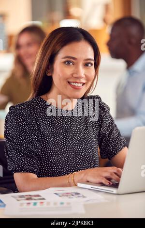 sorridente, notebook, scrivania, dipendenti, sorridere, computer, computer, computer portatili, scrivanie, dipendenti Foto Stock