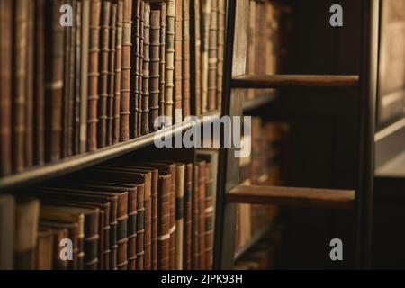 Accesso ad una ricchezza di conoscenza. Una grande biblioteca vintage piena di libri. Foto Stock