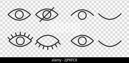 Icone di hidding password impostate. Icone per la privacy dei dati e il marchio del contenuto sensibile. Illustrazione vettoriale di contorno su sfondo trasparente Illustrazione Vettoriale