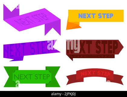 Set di barre multifunzione con testo Next Step (Passo successivo). Modello banner. Etichetta adesiva. Segnale. Illustrazione Vettoriale