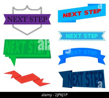 Set di barre multifunzione con testo Next Step (Passo successivo). Modello banner. Etichetta adesiva. Segnale. Illustrazione Vettoriale