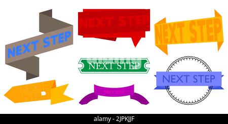 Set di barre multifunzione con testo Next Step (Passo successivo). Modello banner. Etichetta adesiva. Segnale. Illustrazione Vettoriale