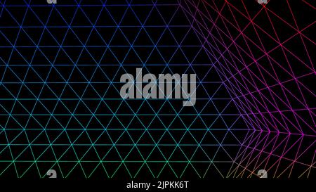 Sfondo geometrico a griglia con mesh in stile neon 80s. Synthwave o sfondo retrofondante astratto con griglia di computer retrò. Illustrazione Vettoriale