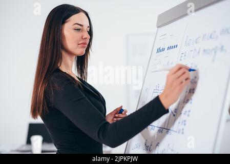 La donna scrive sulla lavagna bianca con un marcatore. Foto Stock