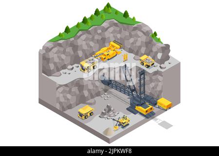 Cava isometrica, miniera con dumper da cava di grandi dimensioni e escavatore con ruote a benna. Attrezzature per l'industria mineraria. Escavatore con ruote-benna Illustrazione Vettoriale