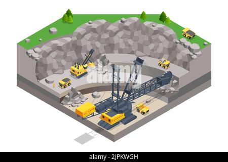 Cava isometrica, miniera con dumper da cava di grandi dimensioni e escavatore con ruote a benna. Miniera di carbone. Lignite da miniera dell'escavatore a ruote-benna. Illustrazione Vettoriale