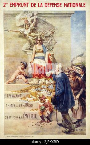 2ME Emprunt de la Defense Nationale. Persone che portano denaro ai piedi di la Marseillaise e Marianne. 1916. Robaudi, A. (Alcide), artista. Foto Stock