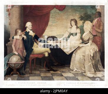 George Washington (1732-1799) con la famiglia, - New York - Ritratto. Dipinto e inciso da E. Savage. George Washington, Martha Washington, e i suoi due nipoti, intorno a tavola su cui c'è una mappa, e un servo afroamericano, William Lee, sullo sfondo. Pubblicato da E. Savage & Robert Wilkinson, Londra, 1798. Foto Stock