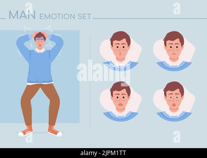 Scioccato giovane uomo semi piatto colore carattere emozioni set Illustrazione Vettoriale