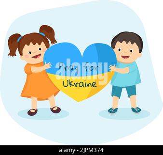 Bambini ucraini con cuore in colori bandiera Ucraina. Pregate per l'Ucraina. Immagine vettoriale in stile piatto. Illustrazione Vettoriale