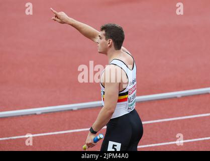 Monaco, Germania. 19th ago, 2022. Il belga Kobe Vleminckx, nella foto, durante gli uomini 4x100 m relè calore il nono giorno dei Campionati europei di Atletica, a Monaco 2022, Germania, venerdì 19 agosto 2022. La seconda edizione dei Campionati europei si svolge dal 11 al 22 agosto e prevede nove sport. BELGA PHOTO BENOIT DOPPAGNE Credit: Belga News Agency/Alamy Live News Foto Stock