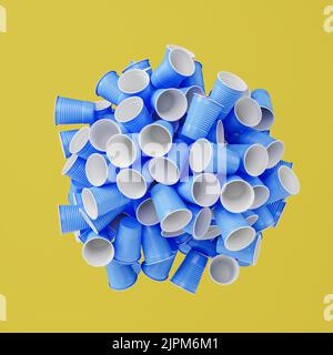 Coppe di plastica vuote in blu e bianco che costruisce un pianeta terra su sfondo giallo. Concetto per rifiuti di plastica, microplastica e conservazione ambientale Foto Stock