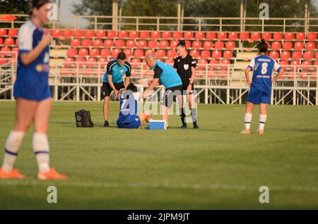 Pölten vs ZFK Ljuboten 7 - 0 (3 - 0 tempo parziale) 18 ago 2022 at 15:00:00 UTC, Petar Miloshevski Training Centre Skopje, Macedonia. La partita è una p Foto Stock