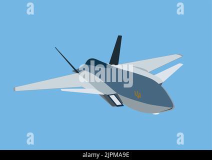 illustrazione di un veicolo aereo senza pilota con simbolo di tridente ucraino su sfondo blu,figura in stock Illustrazione Vettoriale