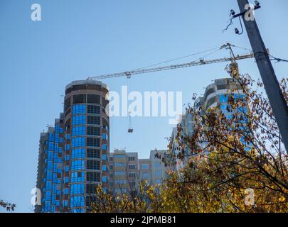 Una gru solleva un carico nei nuovi edifici del cantiere, un albero e un palo elettrico in primo piano. Nuovo distretto in costruzione. Foto Stock