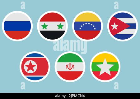 Bandiere di paesi diversi. Russia, Siria, Venezuela, Cuba, Corea del Nord, Iran, Myanmar. Un set di adesivi sul supporto. Raccolta di icone vettoriali. Illustrazione Vettoriale