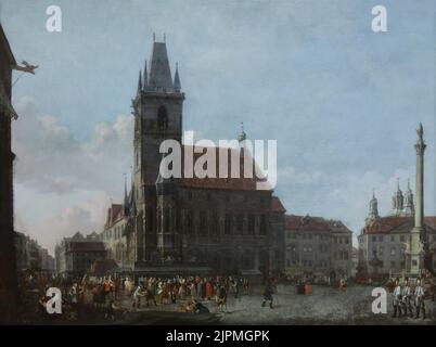 Dipinto "Vista della piazza della città vecchia di Praga con colonna mariana" del pittore austriaco Ludwig Kohl (1810) su disрlау nel Кunstfоrum Оstdеutsсhе Gаlеriе a Rеgеnsburg, Gеrmаnу. Foto Stock