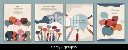 Silhouette dirige il gruppo di persone internazionali che parlano. Diversità People.Speech bolla. Comunicazione. Comunicare sui social network. Uguaglianza razziale Illustrazione Vettoriale