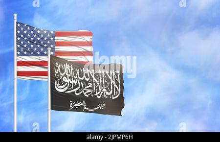 Sventolando la bandiera americana e la bandiera di al Nusra Front. Foto Stock