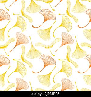 Un modello senza cuciture di ginkgo e foglie di acero in uno stile abbozzato. Foglie arancioni su sfondo b. Foglie a forma di piede d'anatra. Autunno. Mystica Illustrazione Vettoriale