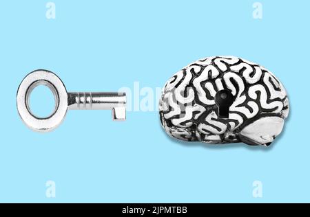 Copia anatomica di un cervello umano con un keyhole e una chiave isolata su sfondo blu. Concetto di educazione creativa. Foto Stock