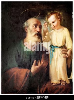 San Giuseppe col Bambino - olio su tela - pittore lombardo del XIX secolo - Treviglio (BG), Italia, basilica di San Martino Foto Stock