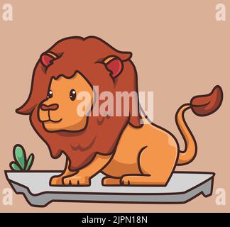 Carino leone seduto a terra. Cartone animato animale natura concetto isolato illustrazione. Modello piatto adatto per Sticker Icon Design Premium Logo Vector. Illustrazione Vettoriale