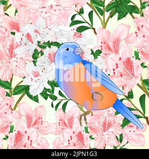 Texture senza cuciture ramificazione rosa rododendro e piccolo songbirdon Bluebird thrush vintage vettore illustrazione modificabile disegno a mano Illustrazione Vettoriale