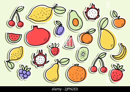 Set di adesivi per frutta e frutti di bosco. Arancia, mela, avocado, fragola, pera, Ciliegio, limone, Pitaya su sfondo verde. Cibo sano Illustrazione Vettoriale