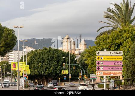 Palma di Maiorca, Spagna. Mulini a vento tradizionali vicino al lungomare del porto Foto Stock