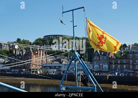 Leone rampante bandiera scozzese non ufficiale che vola dall'albero di una barca da pesca a Oban Harbour, Argyll e Bute, Scozia Foto Stock